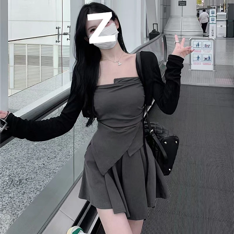 时尚三件套女夏季新款披肩开衫+吊带抹胸+短裤裙不规则套装女