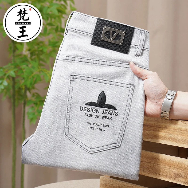 梵王春夏新款高端灰色男士软牛仔裤时尚刺绣小直筒弹力休闲16077