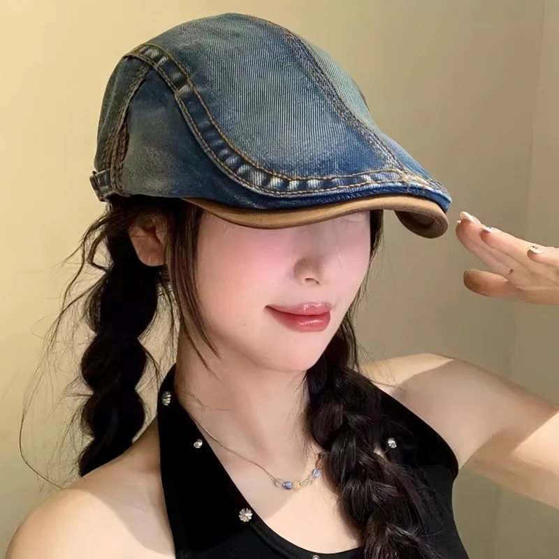 水洗牛仔前进帽女春夏英伦风显脸小反戴前进帽日系复古大头围帽子