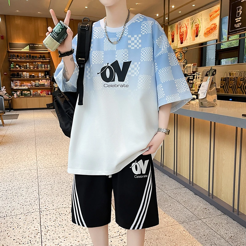 男士短袖T恤套装2025夏季新款青少年港风潮流学生运动休闲两件套