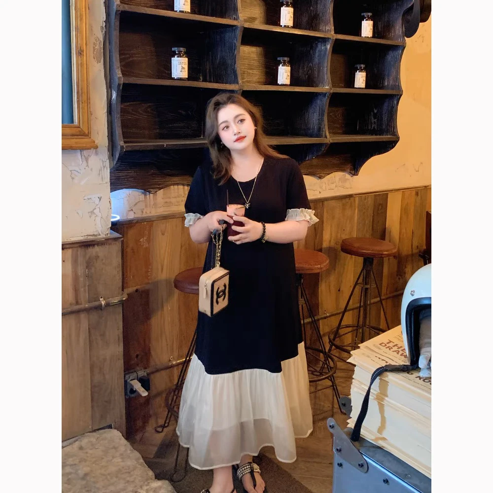 大码女装2025新品夏薄款T恤拼接连衣裙黑色短袖长裙