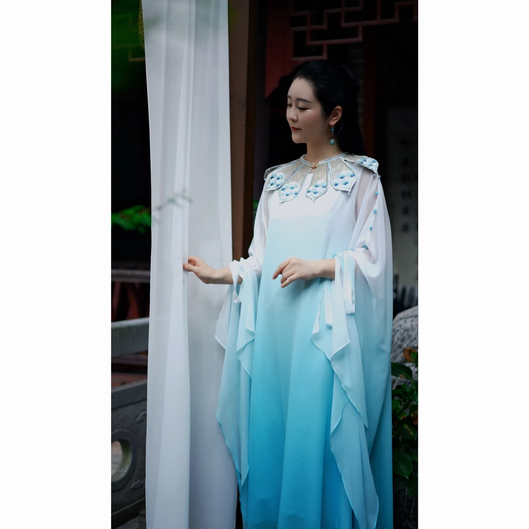 【月见青棠】夏季新中式复古蓝色渐变飘逸大摆仙气重工长款连衣裙