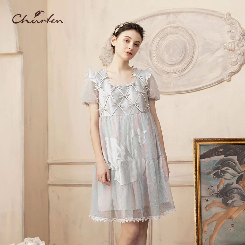 【达人】CHARFEN朝峰春夏短袖蕾丝灰色连衣裙CFD2E103-1092G