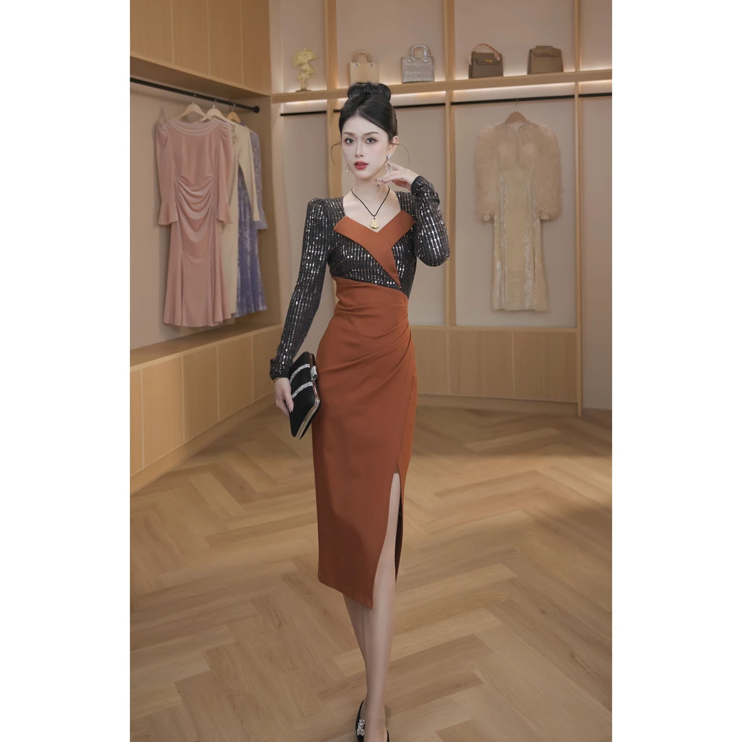 新款轻奢百搭气质显瘦长款包臀连衣裙30763