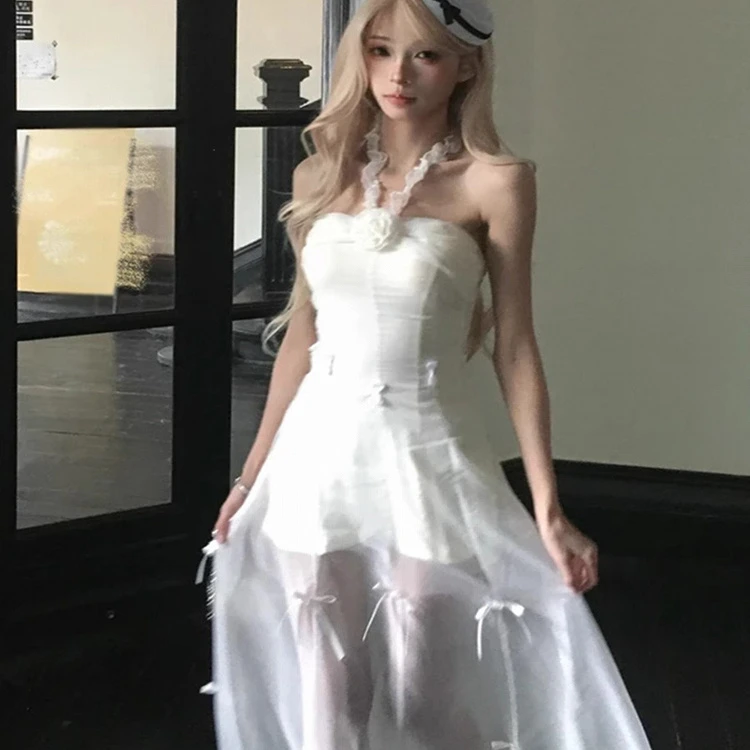 女款海边度假独特漂亮收腰长裙感绝美气质白色挂脖吊带裙子女夏季