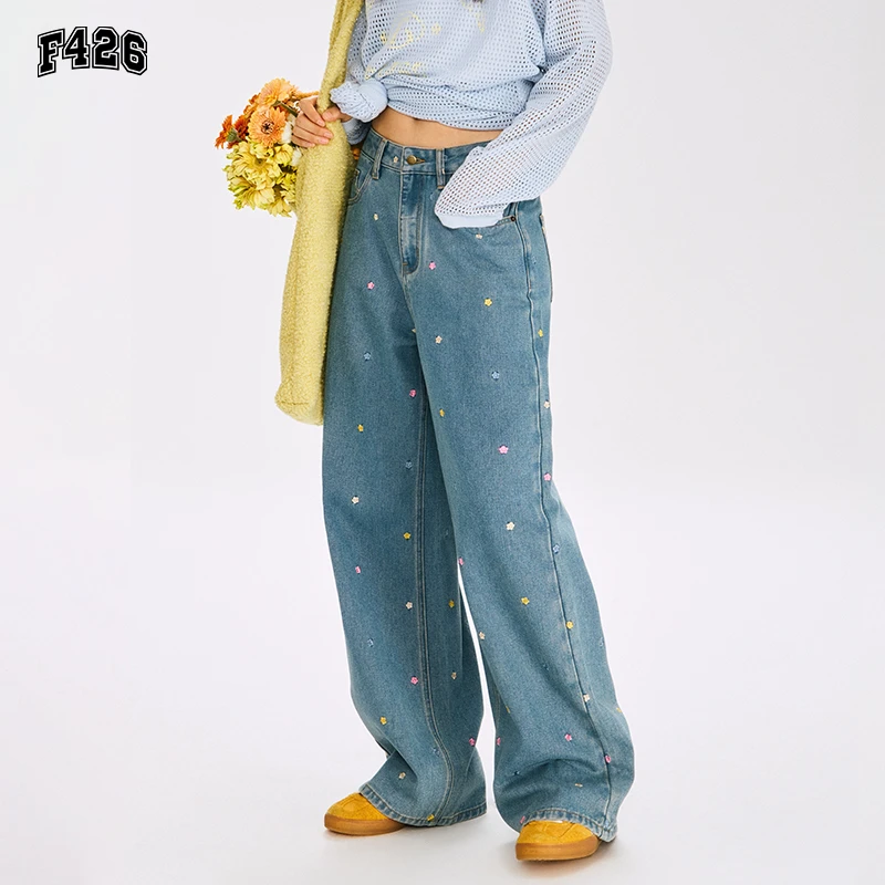 6479【金拐子专属】F426小花刺绣牛仔裤情侣穿搭宽松百搭裤