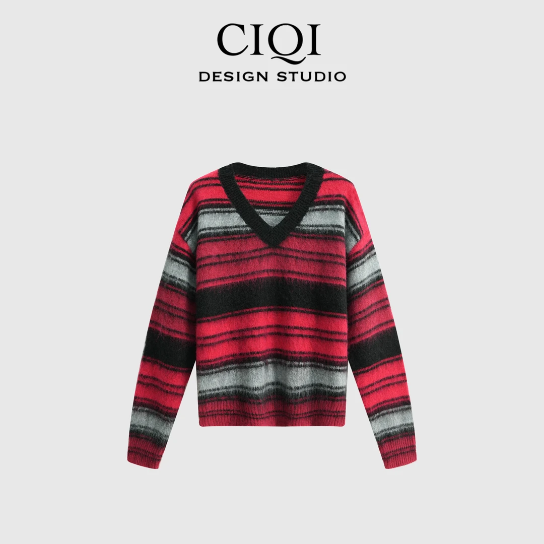 CIQI STUDIO 【热巴同款】秋冬保暖V领撞色条纹拉毛针织衫 DY1036