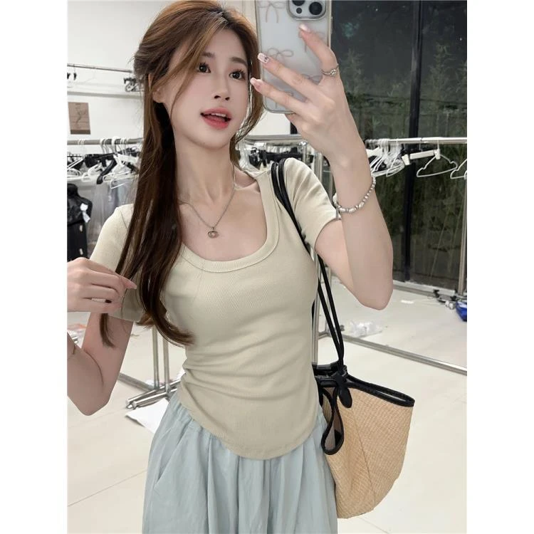 夏季短款弧形打底衫方领短袖T恤女辣妹修身显瘦短款冰丝螺纹上衣