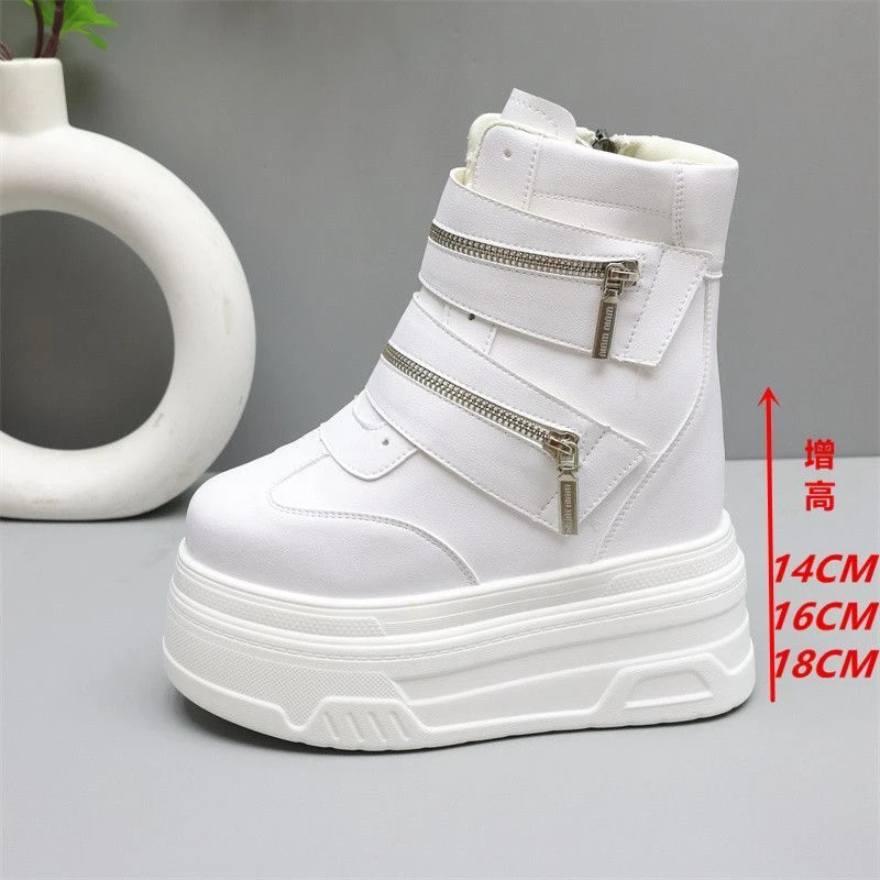 隐形内增高16cm高帮鞋女2025新款小个子18cm厚底松糕小白鞋短靴子