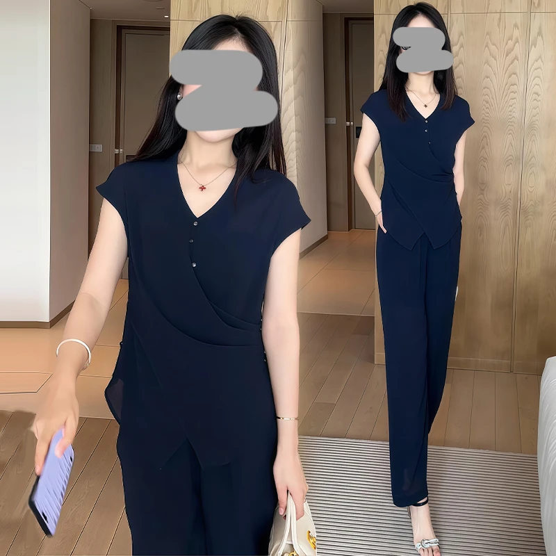 高级感休闲套装女2025年夏季新款洋气减龄v领上衣阔腿裤两件套潮