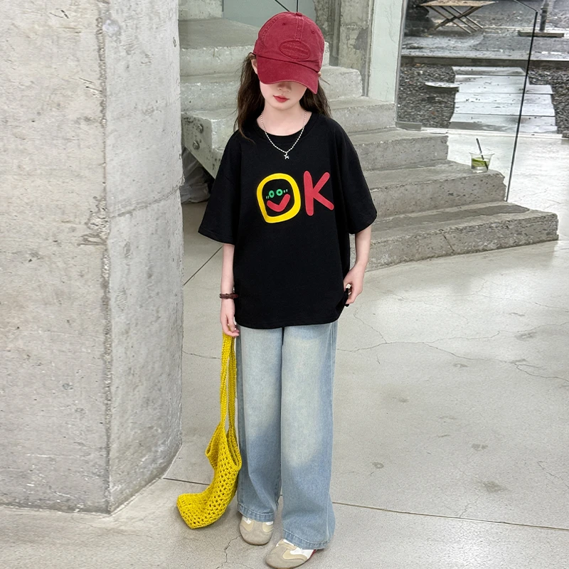 女童夏季洋气时髦短袖T恤薄款牛仔裤套装女大童韩版休闲儿童夏装t