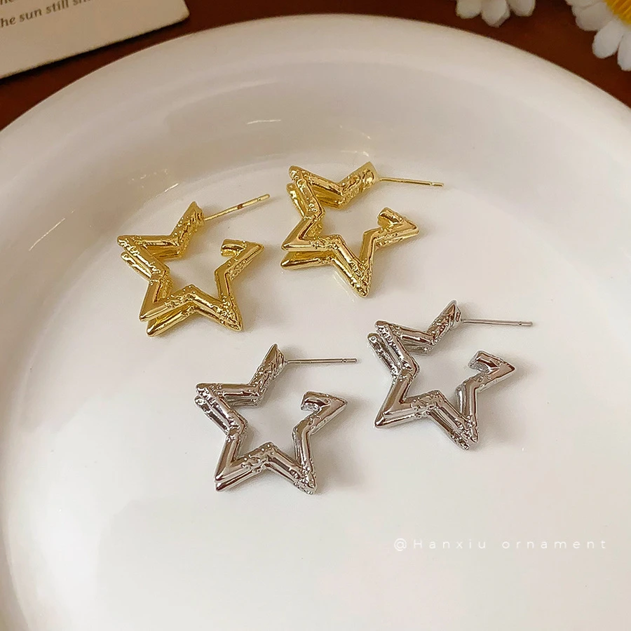 HX银针双层褶皱星星耳环简约金属冷淡风耳钉轻奢高级感时尚百搭耳