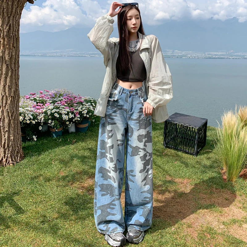 早秋新款装新款迷彩印花阔腿裤辣妹风直筒裤牛仔裤女
