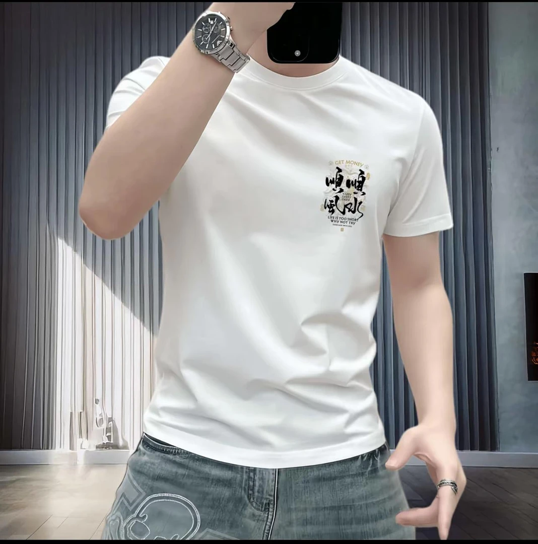 潮牌夏季新款创意印花重磅棉短袖T恤美式休闲修身男士半袖体恤潮