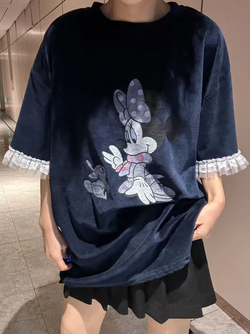韩版新款米奇米妮蕾丝边短袖T恤