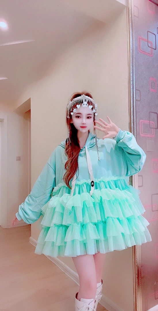 【面条家】7001#春款连帽蓬蓬连衣裙