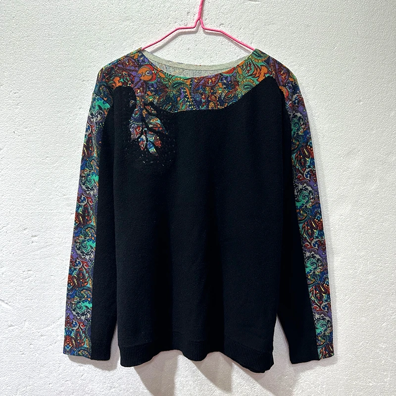 【厂家直销】100羊毛印花针织打底衫女圆领套头毛衣T2025