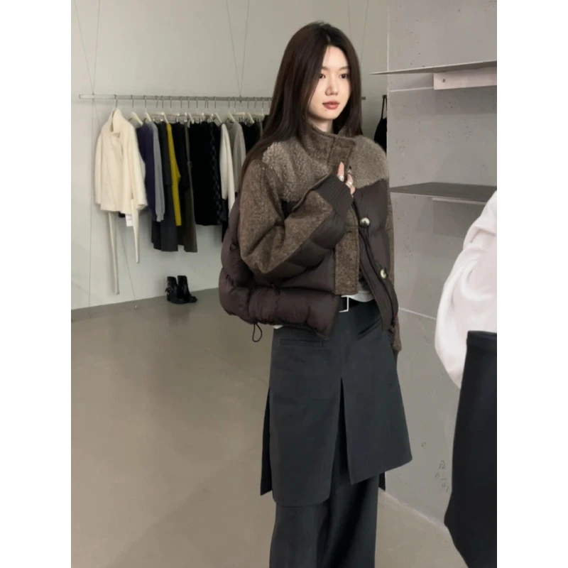parkyeon新款秋冬复古高级感拼接设计保暖外套搭假两件休闲裤套装