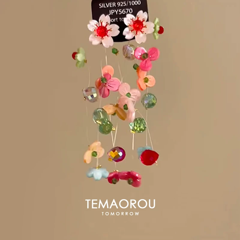 合金耳饰 适合夏天的耳饰夸张鱼线悬浮彩色花朵串珠吊坠耳环女