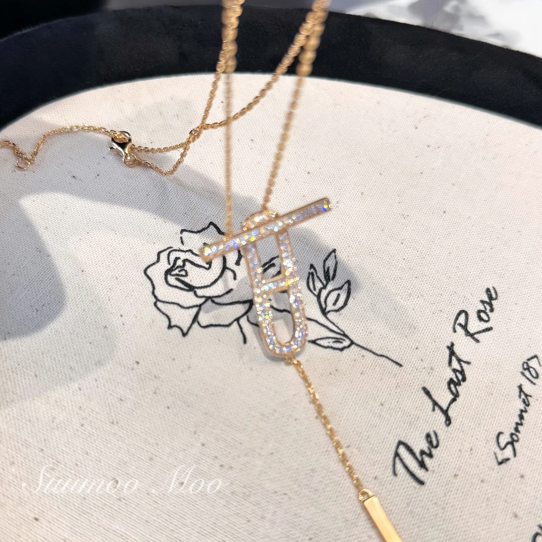 坠链均925银合成锆石 S925通体银 时尚猪鼻子流苏项链