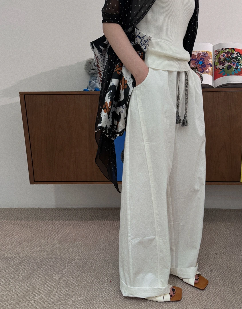 【编织抽绳白裤子】编织抽绳全松紧腰直筒扭缝阔腿裤 J25KZ203