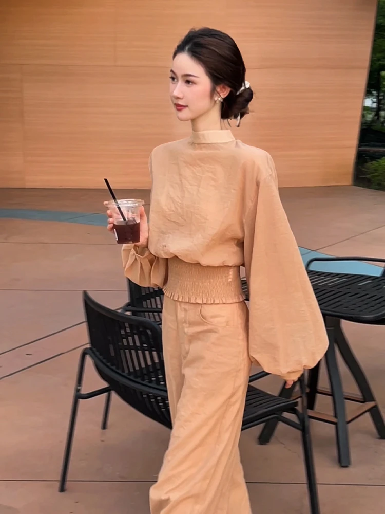 法式高级感套装女早秋季新款气质显瘦灯笼袖上衣高腰阔腿裤两件套