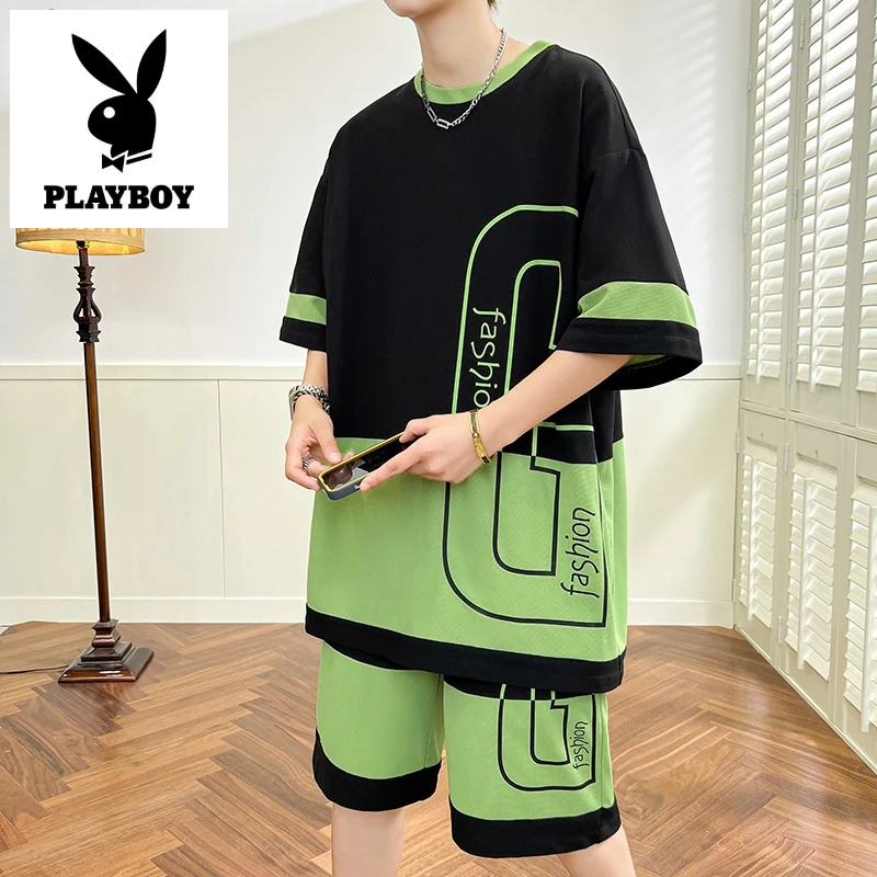 花花公子夏季男士休闲套装宽松T恤时尚运动百搭青少年两件套