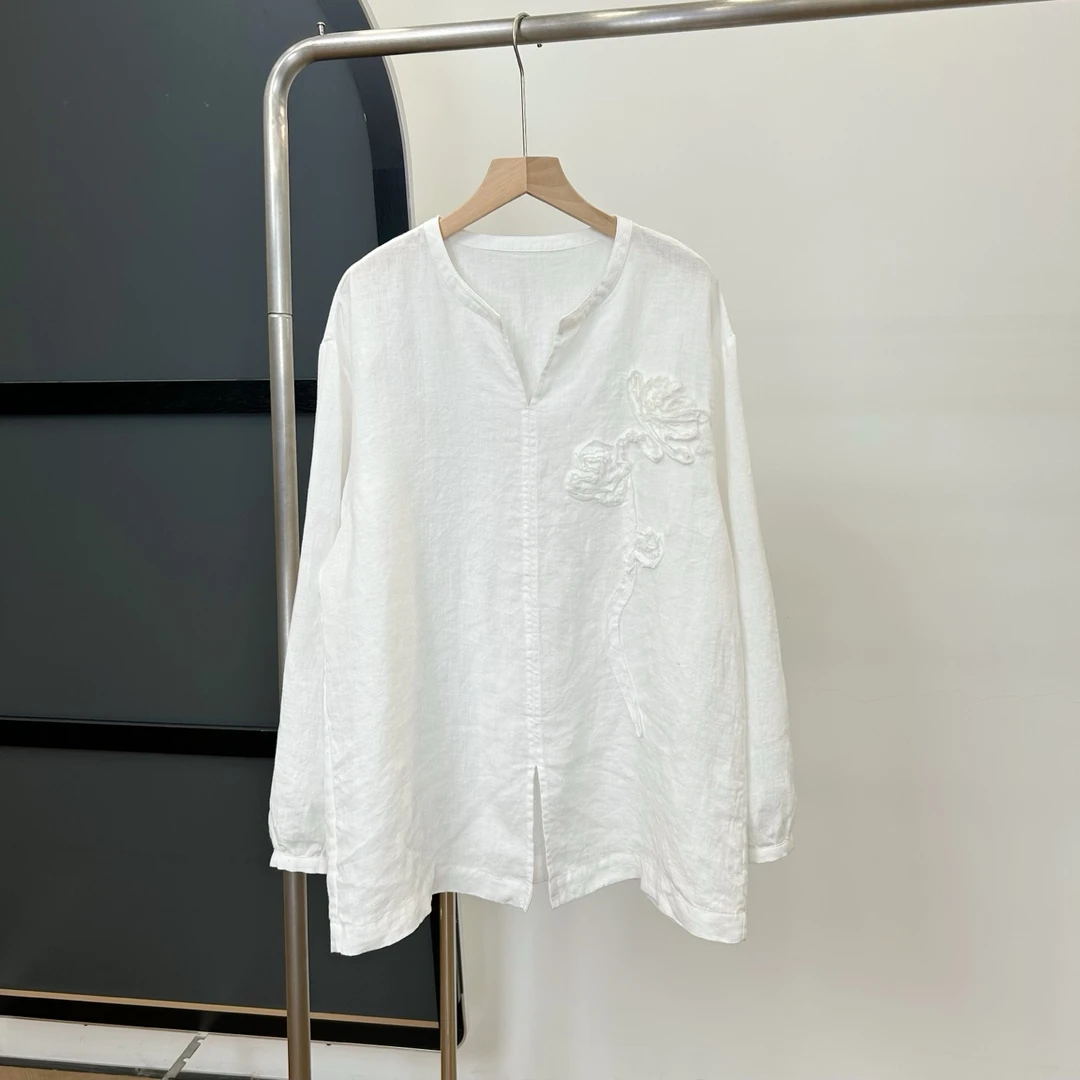 麻空气裸感系列】X-2257纯花衬衣夏季女中式T恤宽松显瘦气质上衣