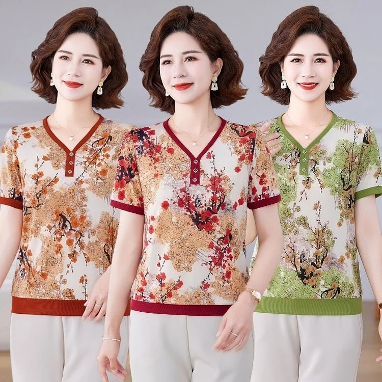 妈妈夏装短袖宽松显瘦印花时尚气质洋气薄款中老年女装夏季上衣