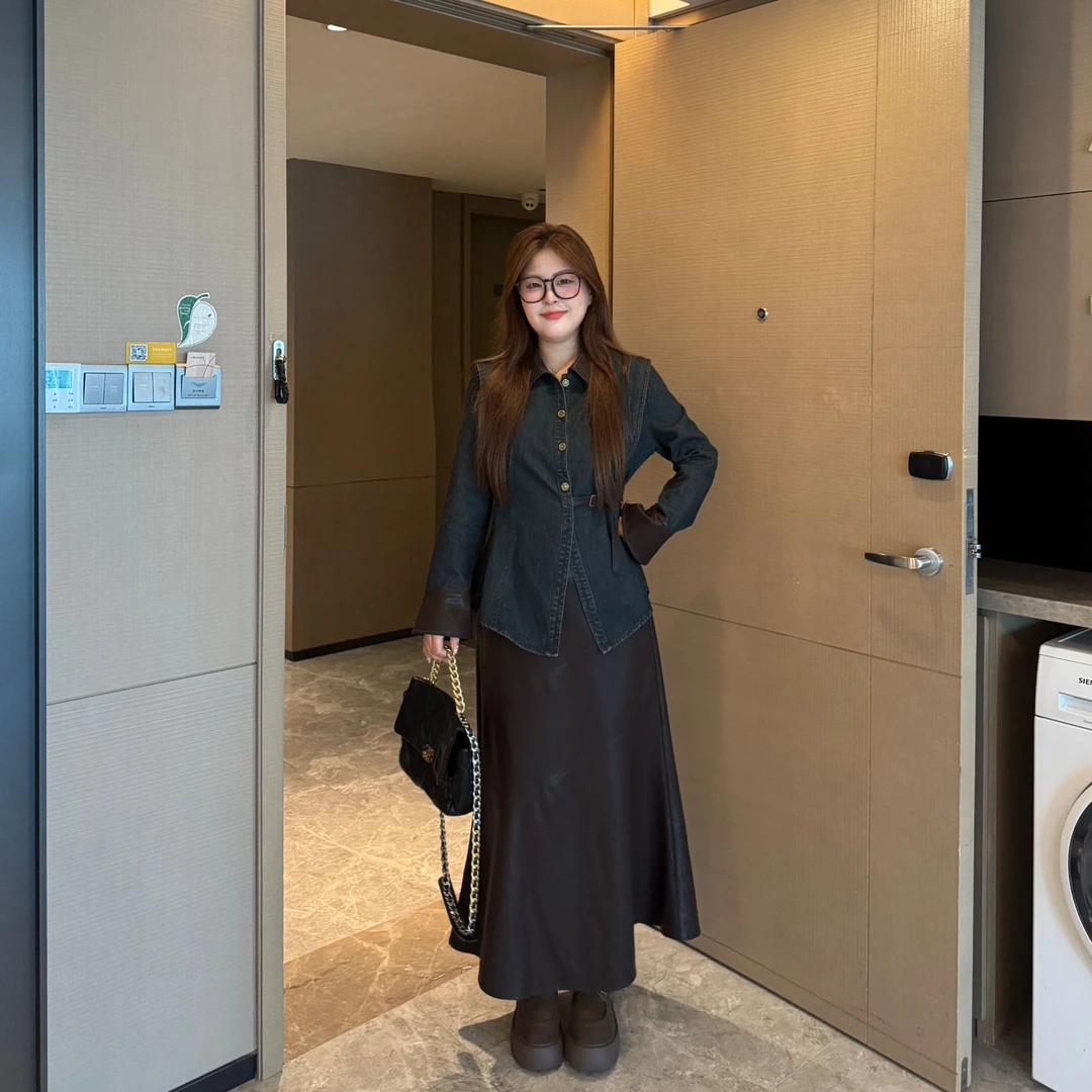 盈盈&南岛风大码女装牛仔衬衣秋季胖mm显瘦皮裙皮裤套装ZYY2100