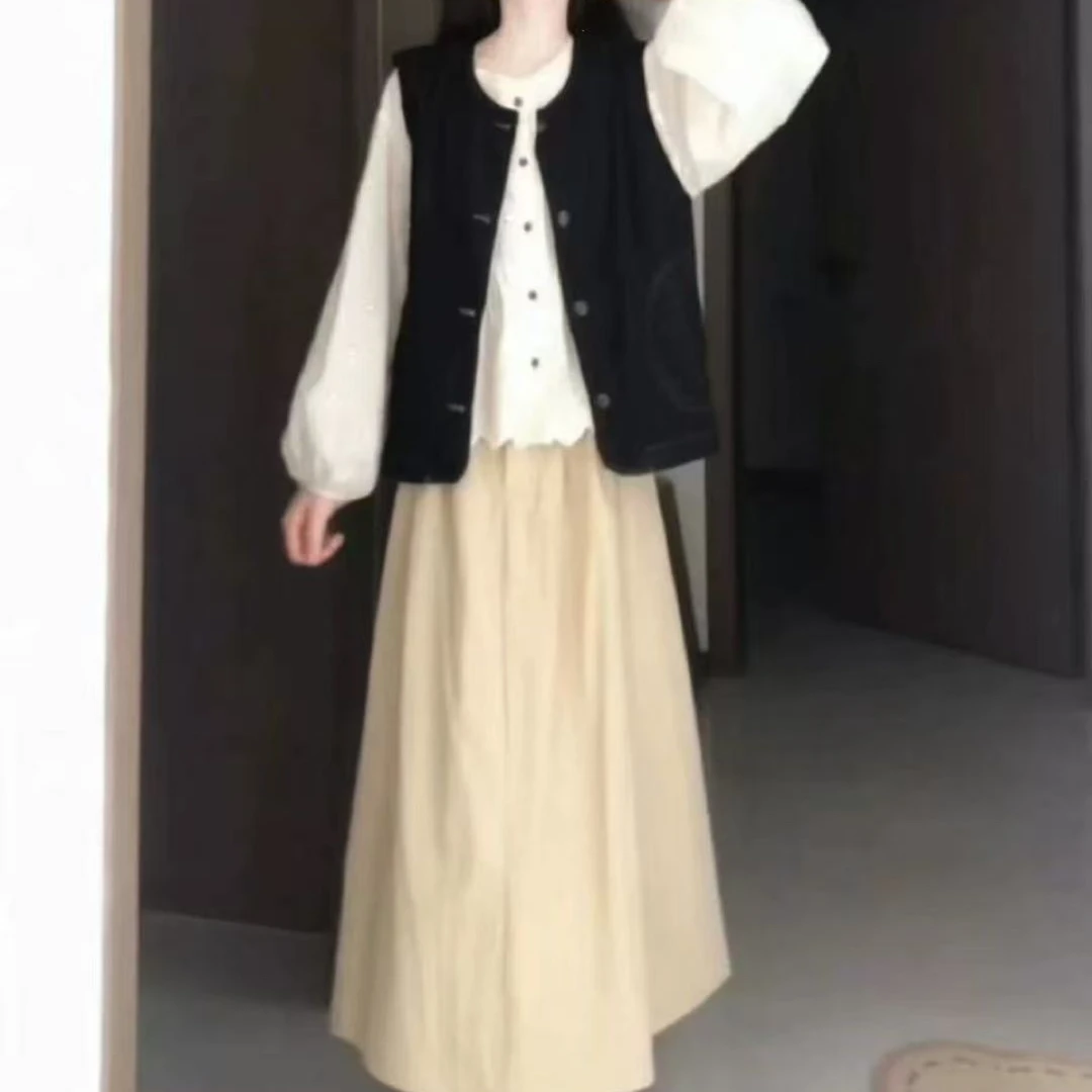 秋装搭配一整套大码胖mm减龄穿搭日系衬衫马甲休闲裤叠穿三件套装