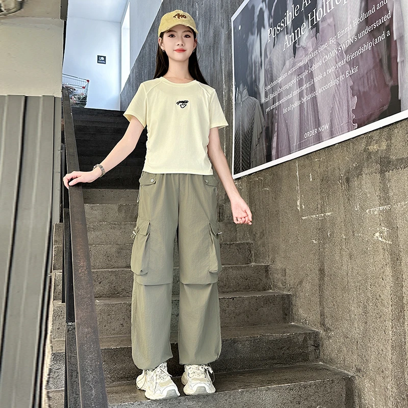 女大童夏装套装2025新款儿童洋气少女学生时髦酷飒风工装裤两件套