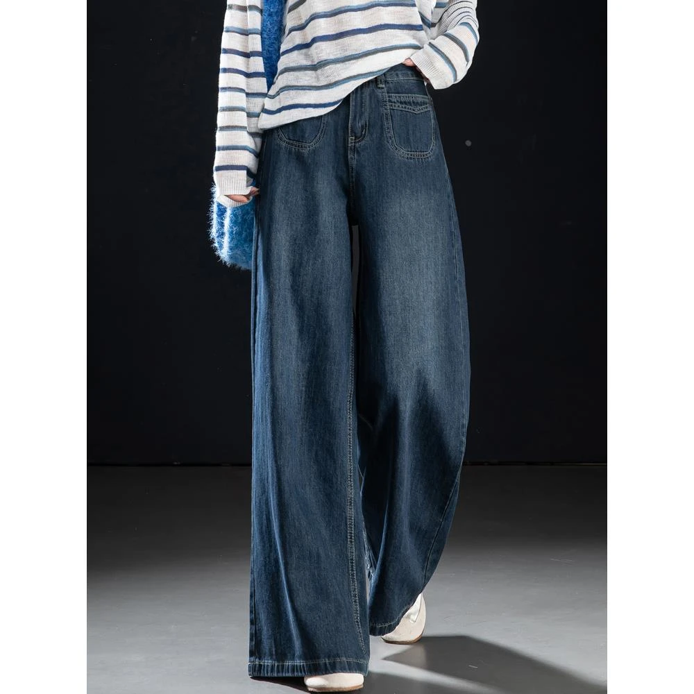 女士牛仔裤阔腿宽松复古深蓝色直筒裤女2025裤子宽松筒喇