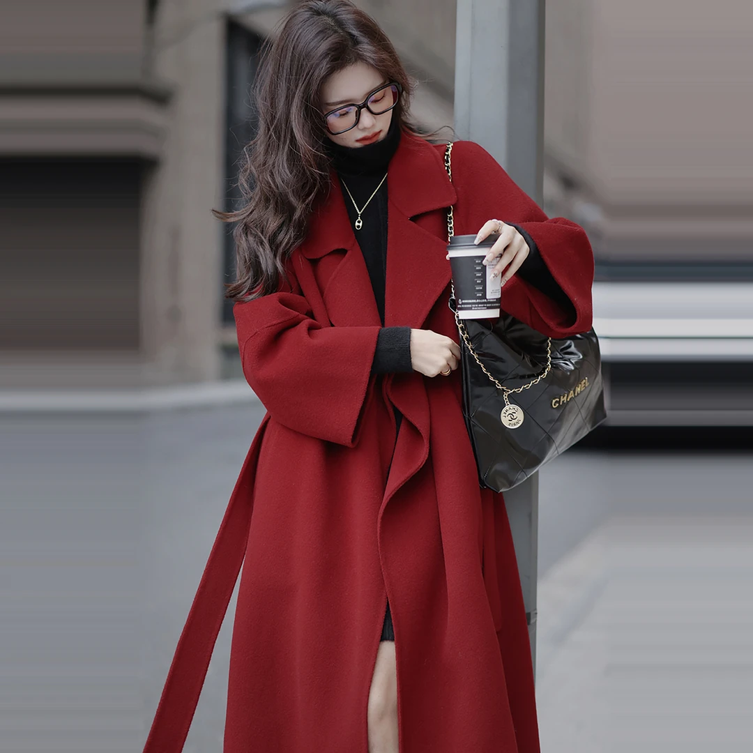 西西里大衣小个子红色战袍双面绒大衣中长款秋冬外套圣诞结婚订婚