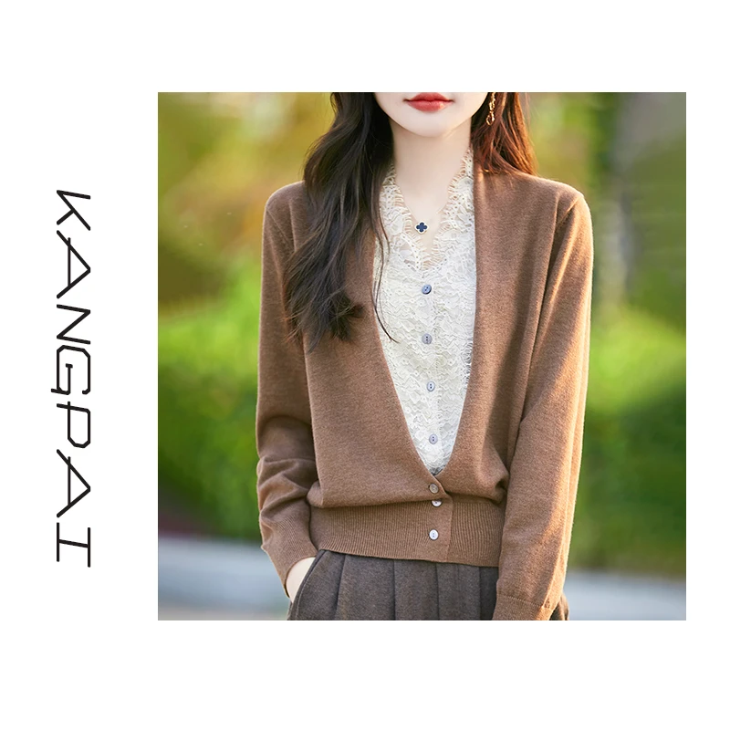 【早春新款~蕾丝】~精纺羊毛假两件开衫贵妃领时尚洋气长袖针织上衣