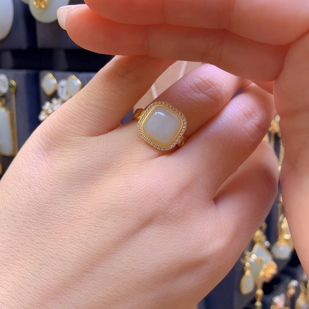 和田玉银S925镀金镶嵌戒指