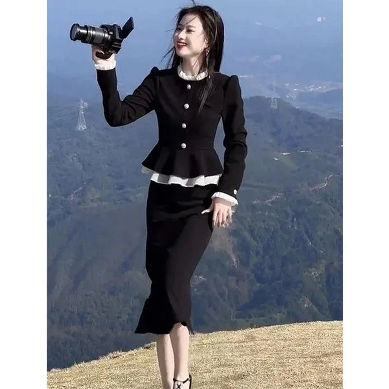 网红时尚套装女2025春秋新款法式名媛拼色收腰外套+半身裙潮