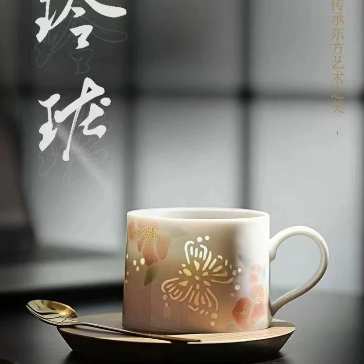 景德镇手绘玲珑咖啡杯碟套装高端女士个人专用精致