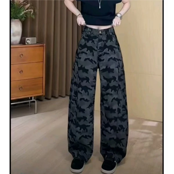 秋季迷彩工装牛仔裤弯刀裤女宽松显瘦高腰微胖大码窄版阔腿长裤