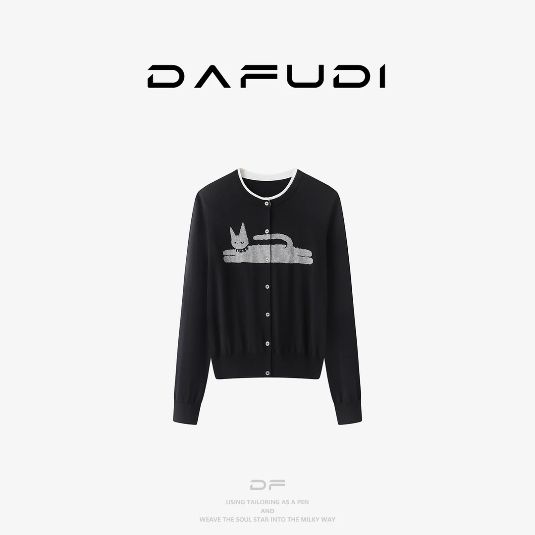 达芙笛【毛针织衫】2025秋季新款猫咪提花开衫长袖针织衫女A6923