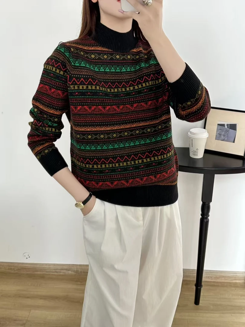 【大润】半高领轻肤绒条纹针织秋冬打底衫