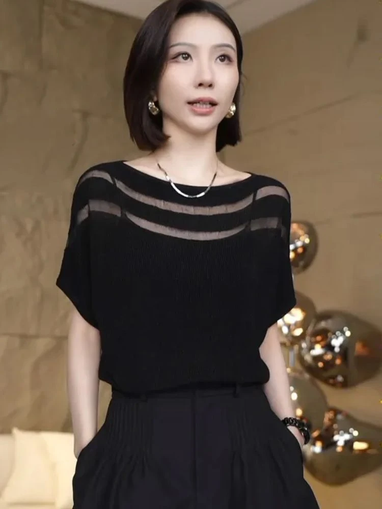 欧货细闪蝙蝠袖冰丝针织衫女夏气质一字领宽松洋气百搭遮肚子上衣