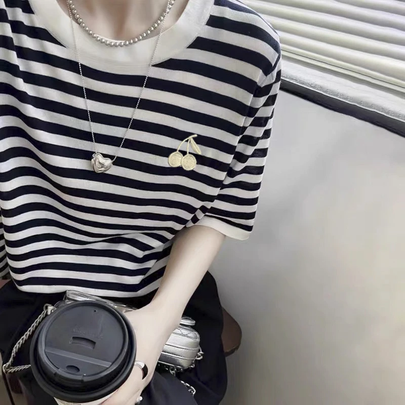 【粉色条纹】3191超柔软高品质圆领小樱桃上衣
