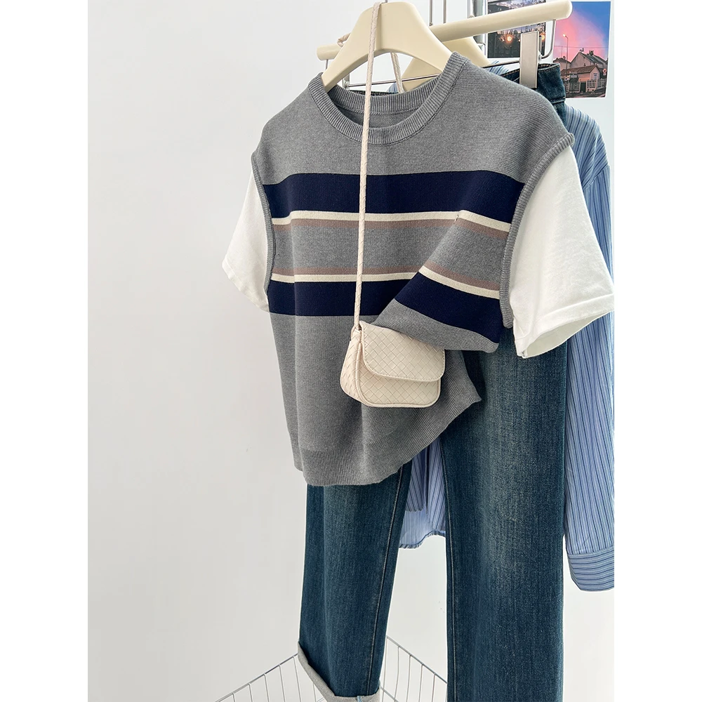 韩版百搭灰色条纹圆领针织上衣修身女夏季休闲显瘦假两件短袖t恤
