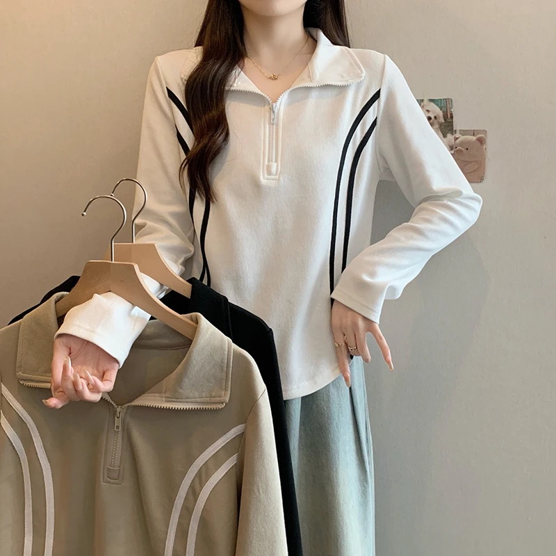 2025春装新款胖mm大码女学院半开领百搭修身长袖立领T恤上衣21148