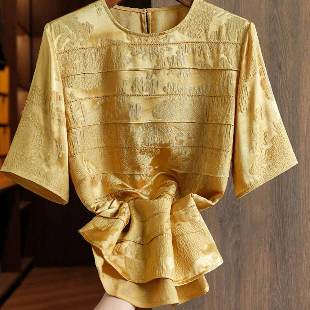 【白雪.荐选】桑蚕丝黄色真丝冠乐领绉镂空提花时尚上衣C320