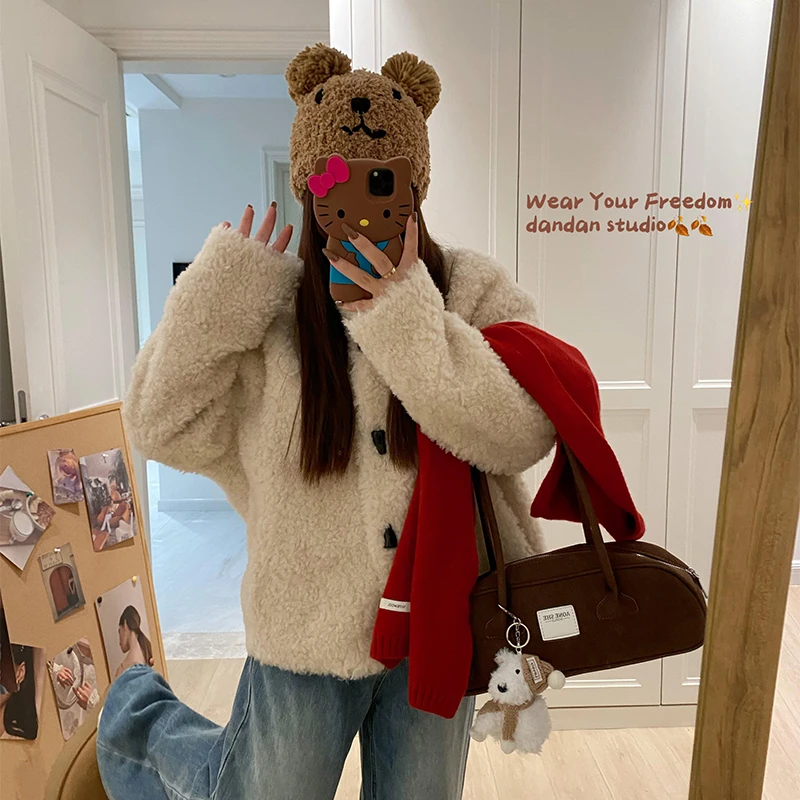 韩系文艺牛角扣 时尚小立领百搭短款毛毛皮毛一体毛毛外套女冬
