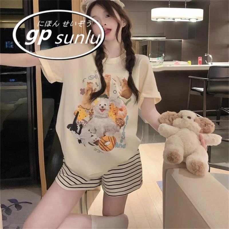 日系GP睡衣女款夏季纯棉短袖短裤可外穿卡通休闲少女风家居服套装