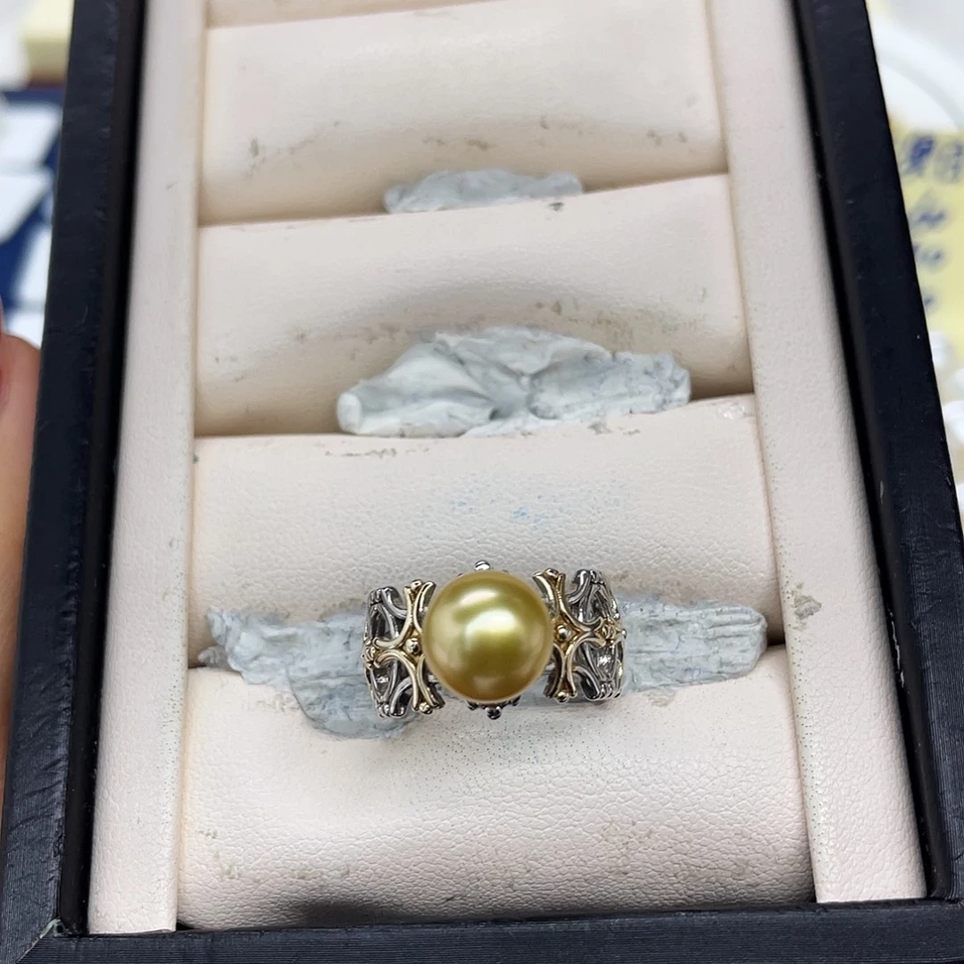 海水珍珠银S925镶嵌戒指正圆浓金金珠戒指