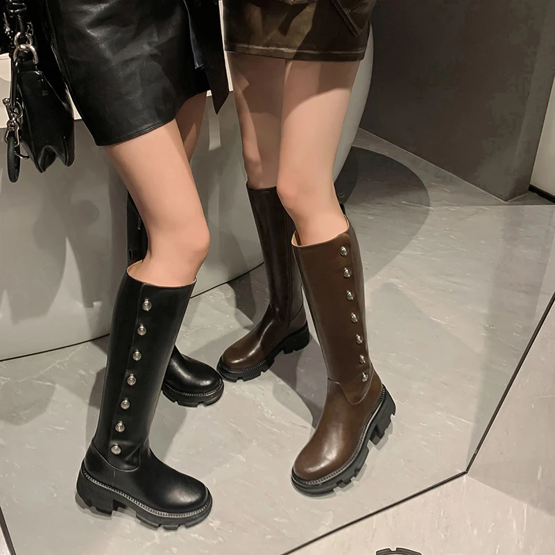 F1372-13/5cm马油牛皮女靴英伦风骑士粗跟长筒长靴时装靴秋冬百搭